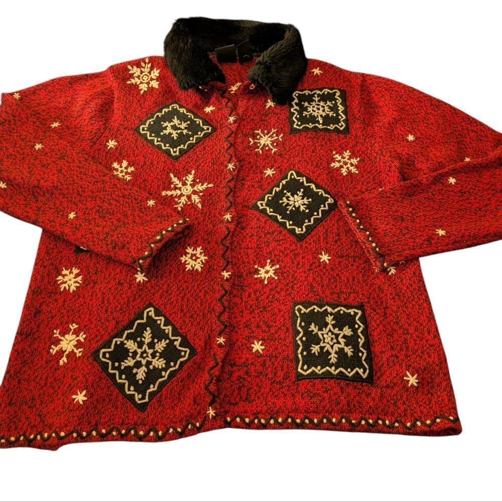 Erika vintage women's red white & black snowflake holiday cardigan sweater 90s